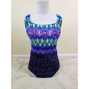 Robby Len Swimsuit Neon Strappy Back Padded One Piece Size 12 Tie Dye